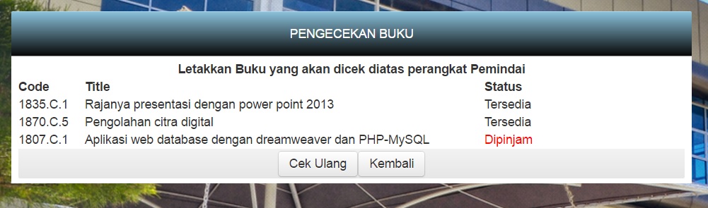 Aplikasi LMS - Halamn Pengecekan status buku