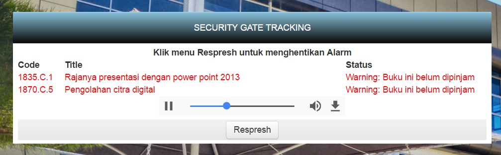 Aplikasi LMS - Hasil pemindai buku melalui Security Gate